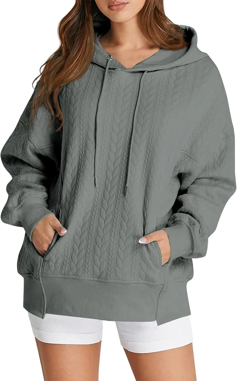 Oversized Hoodies for Women Trendy Jacquard Knit Sweater Drawstring Casual Long Sleeve Hooded Sweatshirt with Pocket