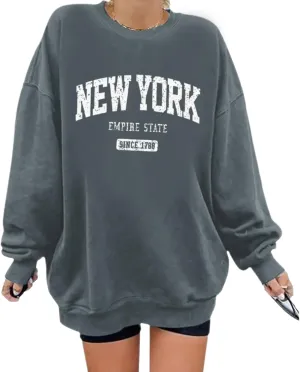 Oversized New York Sweatshirt for Women Aesthetic Preppy Hoodies Vintage Letter Print Graphic Crewneck Pullover Tops