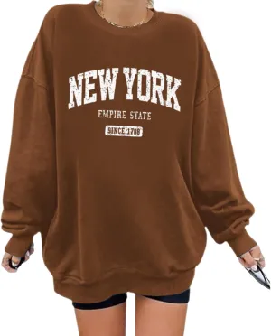 Oversized New York Sweatshirt for Women Aesthetic Preppy Hoodies Vintage Letter Print Graphic Crewneck Pullover Tops