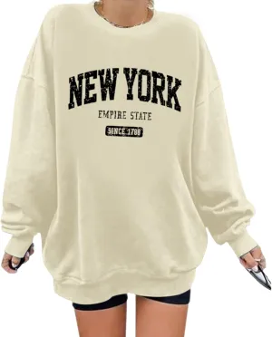 Oversized New York Sweatshirt for Women Aesthetic Preppy Hoodies Vintage Letter Print Graphic Crewneck Pullover Tops