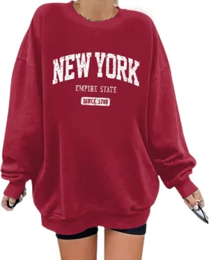 Oversized New York Sweatshirt for Women Aesthetic Preppy Hoodies Vintage Letter Print Graphic Crewneck Pullover Tops