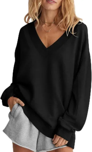 Oversized Sweatshirt for Women 2024 Fall V Neck Striped Long Sleeve Shirts Hoodies Preppy Top Y2K Outfits Black