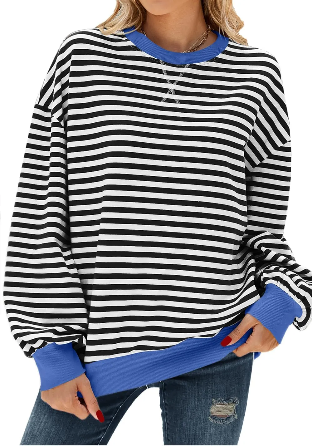 Oversized Sweatshirt for Women Crewneck Long Sleeve Striped Sweater Womens Fall Fashion 2024 Pullover Sweater Trendy Clothes Hoodies Preppy Top Y2K Clothes Black White