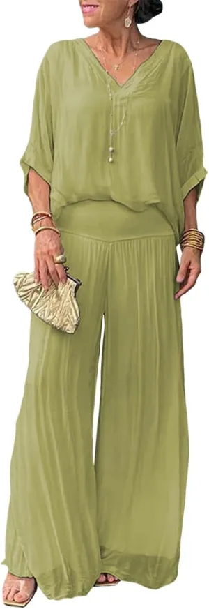 Pant Suits for Women Chiffon V Neck 3/4 Sleeve 2 Piece Outfits Dressy Casual Wide Leg Formal Pantsuits