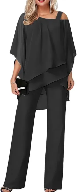 Pant Suits for Women Dressy Wedding 2 Piece Outfits Casual Irregular Chiffon Formal Wide Leg Pants Suits