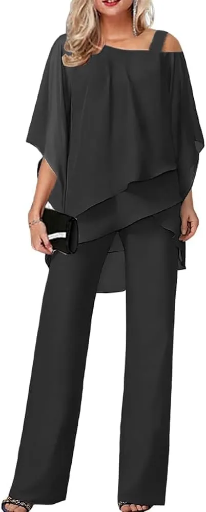 Pant Suits for Women Dressy Wedding 2 Piece Outfits Casual Irregular Chiffon Formal Wide Leg Pants Suits