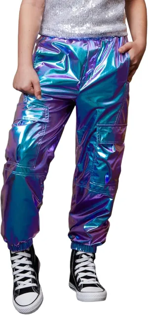 Perfashion Metallic Cargo Pants for Girls Hip Hop Dance Multi-Pocket Joggers High Waist Pants 6-15Y