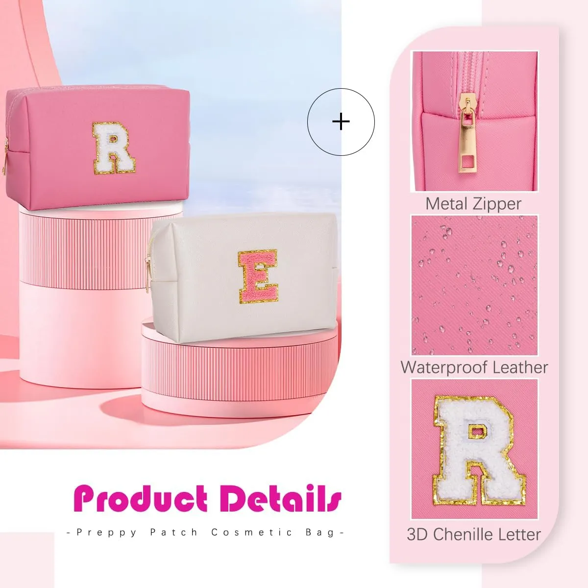 Personalized Initial Makeup Bags for WomenSmall Cosmetic BagsChenille Letter A-Z Preppy Makeup BagPortable Zipper Travel Toiletry Bag Gifts for Teenage Girls (Pink,White Letter,D)