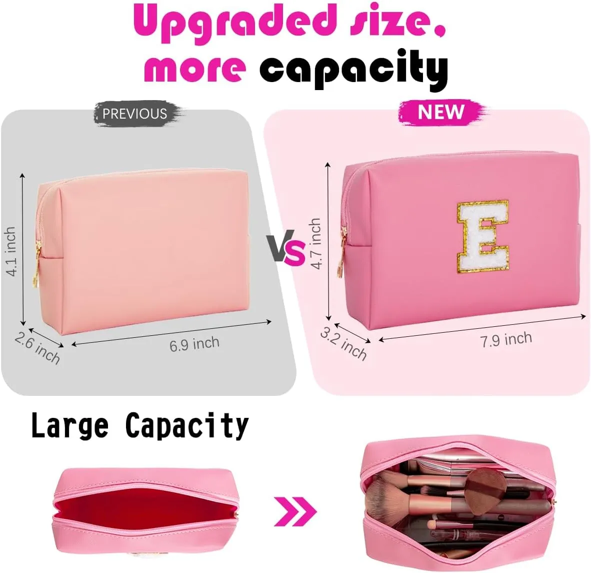 Personalized Initial Makeup Bags for WomenSmall Cosmetic BagsChenille Letter A-Z Preppy Makeup BagPortable Zipper Travel Toiletry Bag Gifts for Teenage Girls (Pink,White Letter,D)
