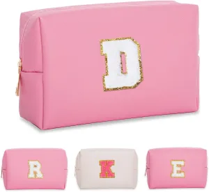 Personalized Initial Makeup Bags for WomenSmall Cosmetic BagsChenille Letter A-Z Preppy Makeup BagPortable Zipper Travel Toiletry Bag Gifts for Teenage Girls (Pink,White Letter,D)