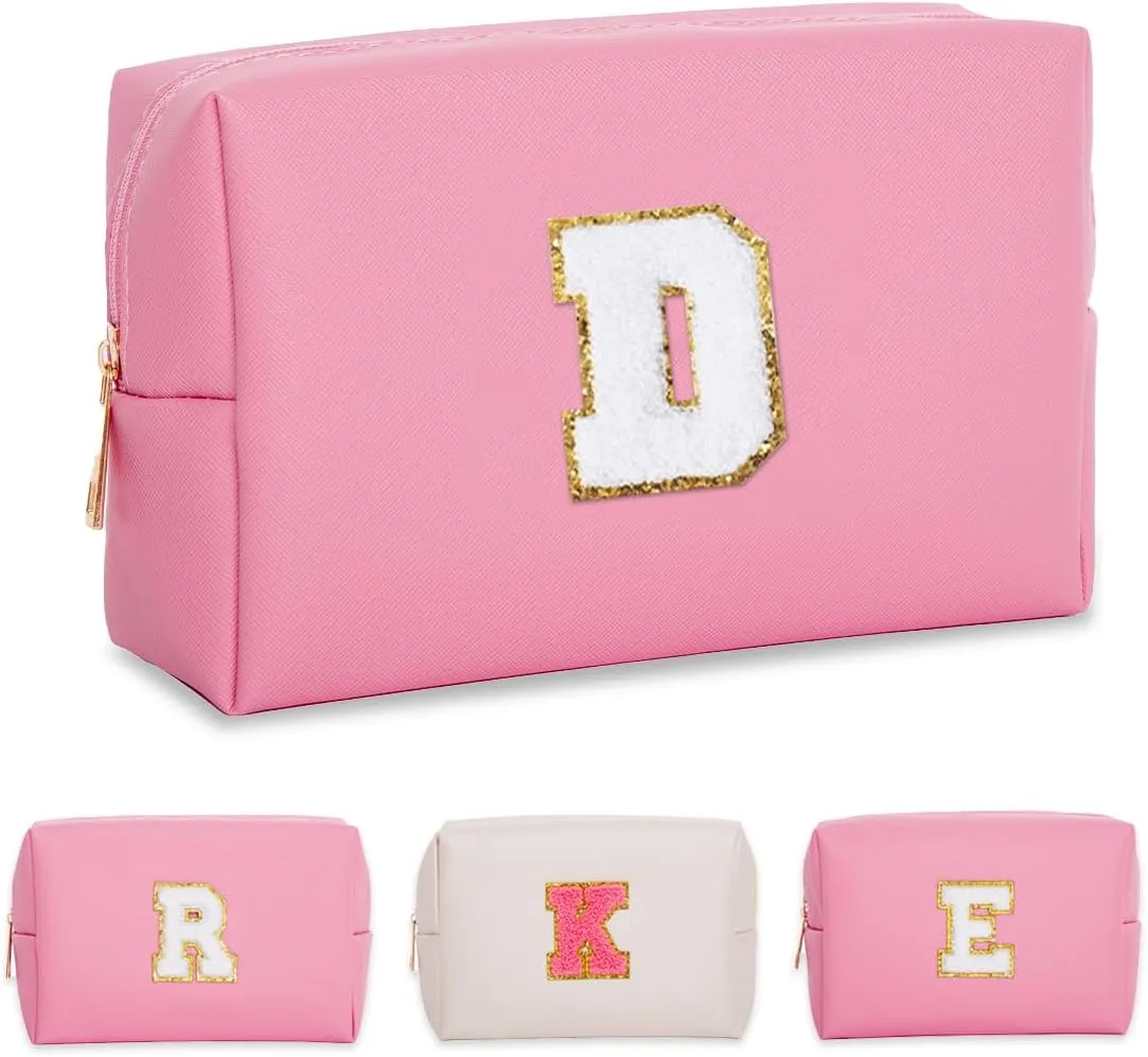 Personalized Initial Makeup Bags for WomenSmall Cosmetic BagsChenille Letter A-Z Preppy Makeup BagPortable Zipper Travel Toiletry Bag Gifts for Teenage Girls (Pink,White Letter,D)