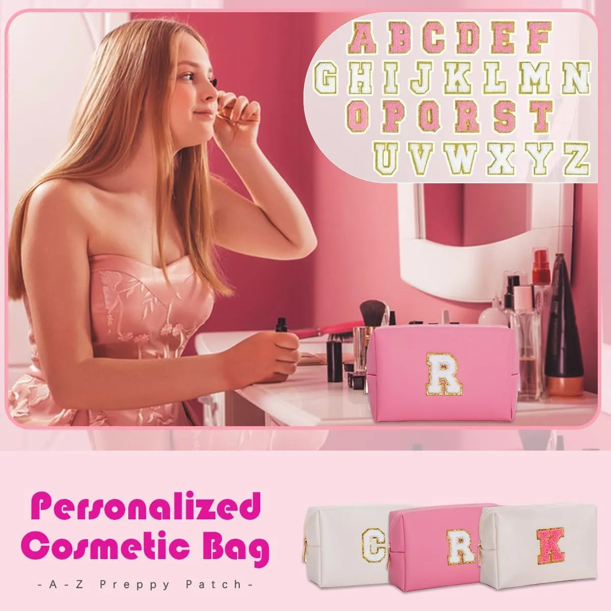 Personalized Initial Makeup Bags for WomenSmall Cosmetic BagsChenille Letter A-Z Preppy Makeup BagPortable Zipper Travel Toiletry Bag Gifts for Teenage Girls (Pink,White Letter,D)