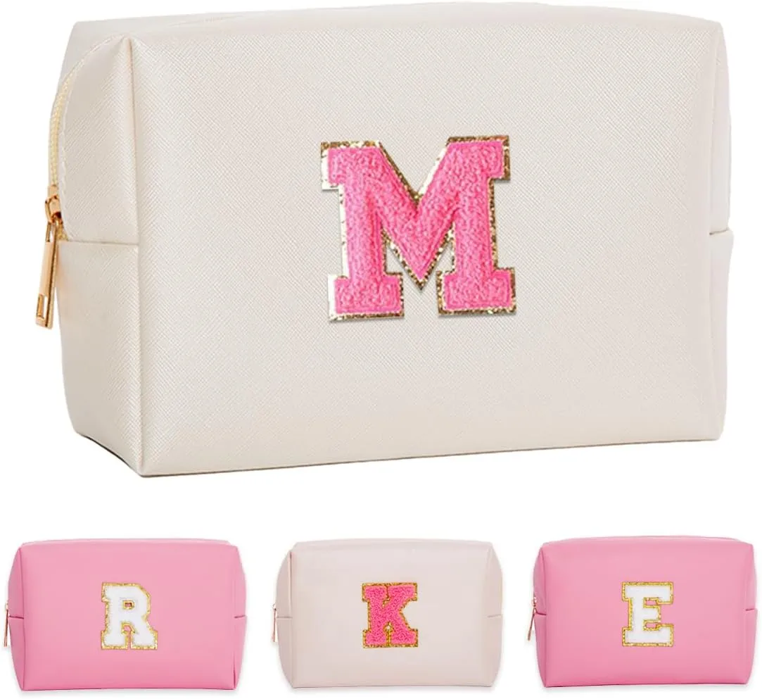 Personalized Initial Makeup Bags for WomenSmall Cosmetic BagsChenille Letter A-Z Preppy Makeup BagPortable Zipper Travel Toiletry Bag Gifts for Teenage Girls (White,Pink Letter,M)