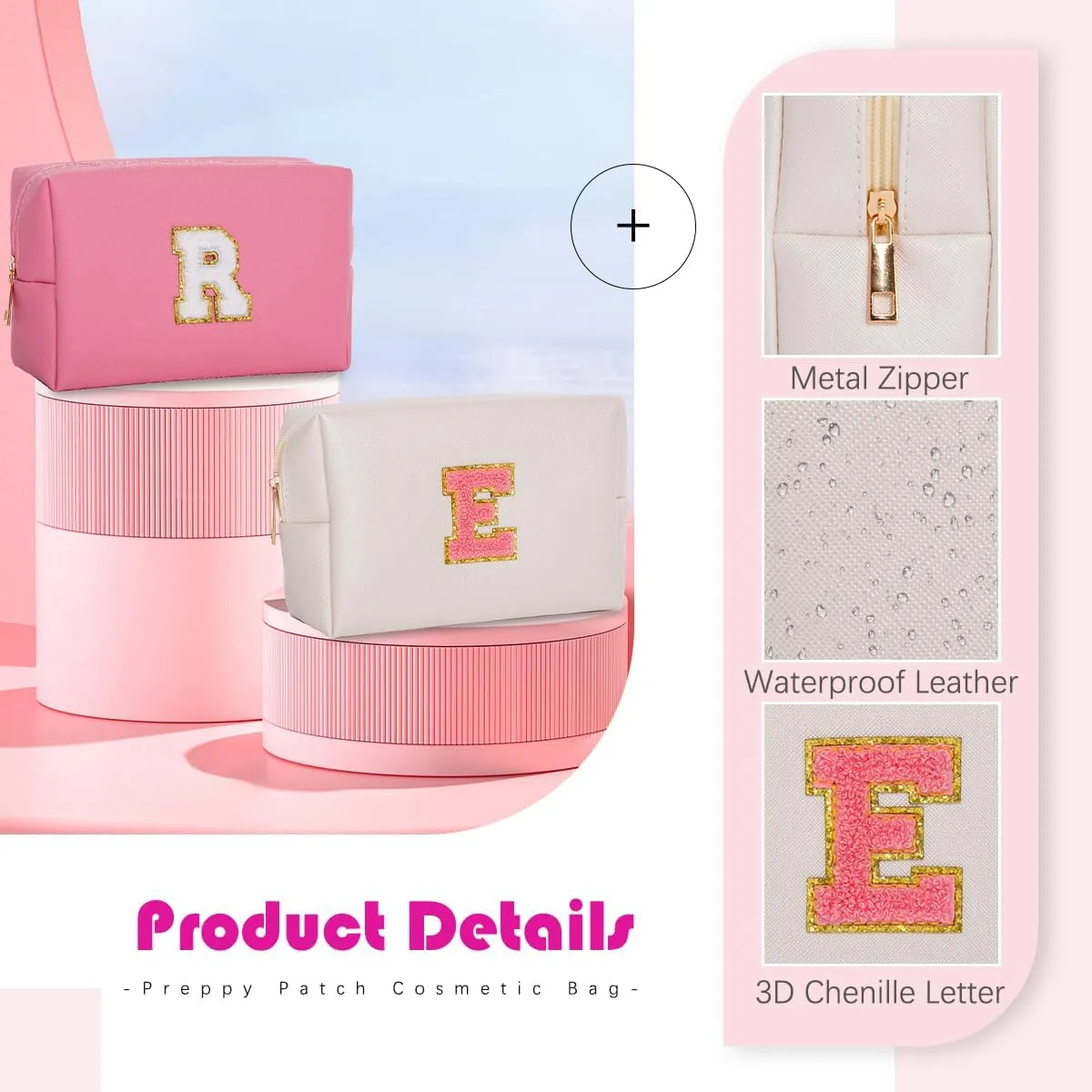 Personalized Initial Makeup Bags for WomenSmall Cosmetic BagsChenille Letter A-Z Preppy Makeup BagPortable Zipper Travel Toiletry Bag Gifts for Teenage Girls (White,Pink Letter,M)