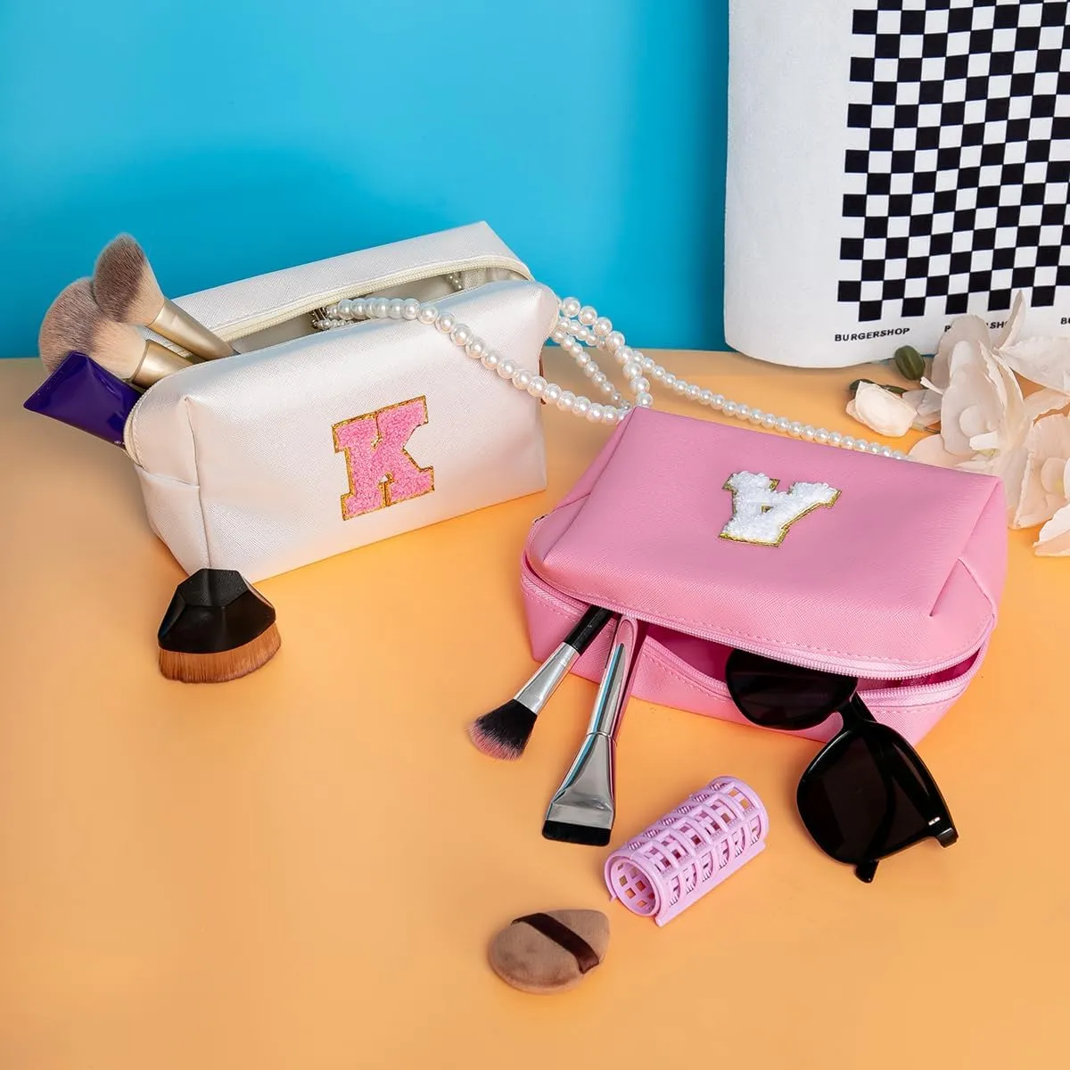 Personalized Initial Makeup Bags for WomenSmall Cosmetic BagsChenille Letter A-Z Preppy Makeup BagPortable Zipper Travel Toiletry Bag Gifts for Teenage Girls (White,Pink Letter,M)