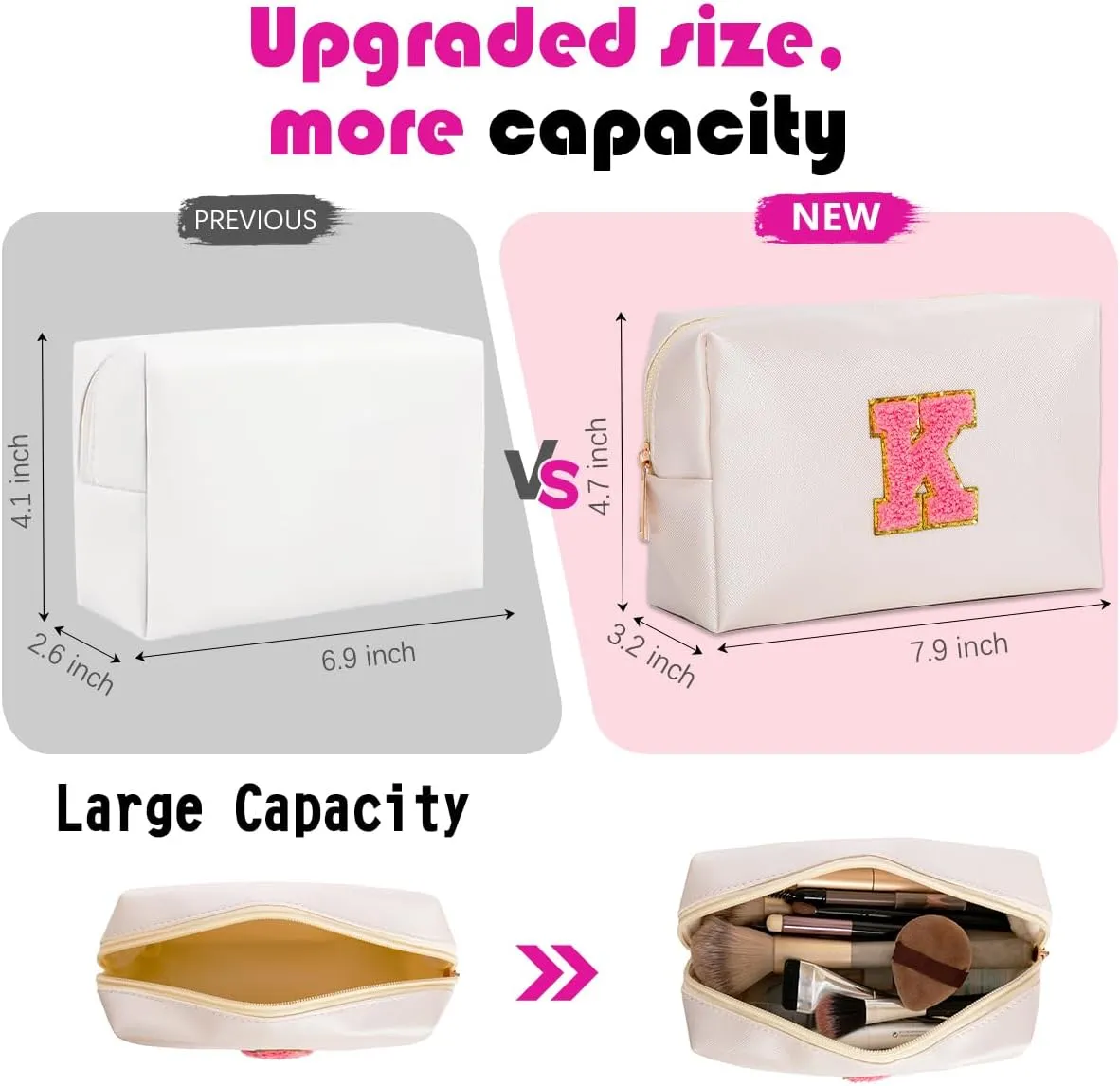 Personalized Initial Makeup Bags for WomenSmall Cosmetic BagsChenille Letter A-Z Preppy Makeup BagPortable Zipper Travel Toiletry Bag Gifts for Teenage Girls (White,Pink Letter,M)