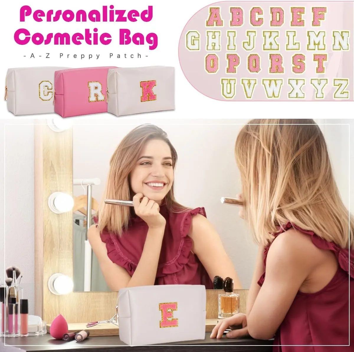 Personalized Initial Makeup Bags for WomenSmall Cosmetic BagsChenille Letter A-Z Preppy Makeup BagPortable Zipper Travel Toiletry Bag Gifts for Teenage Girls (White,Pink Letter,M)