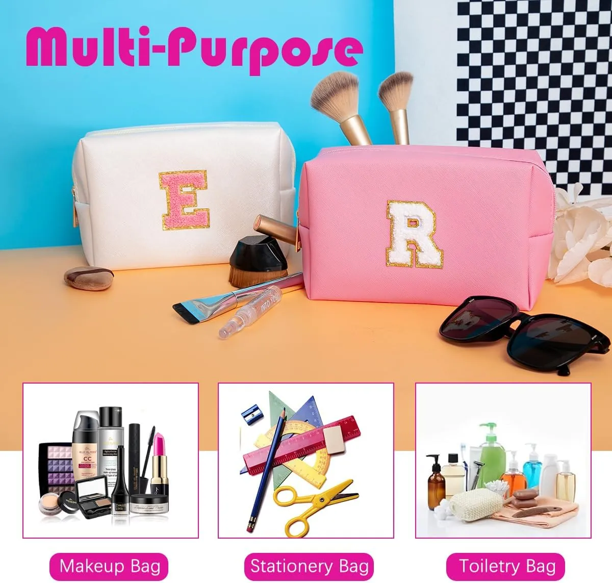 Personalized Initial Makeup Bags for WomenSmall Cosmetic BagsChenille Letter A-Z Preppy Makeup BagPortable Zipper Travel Toiletry Bag Gifts for Teenage Girls (White,Pink Letter,M)