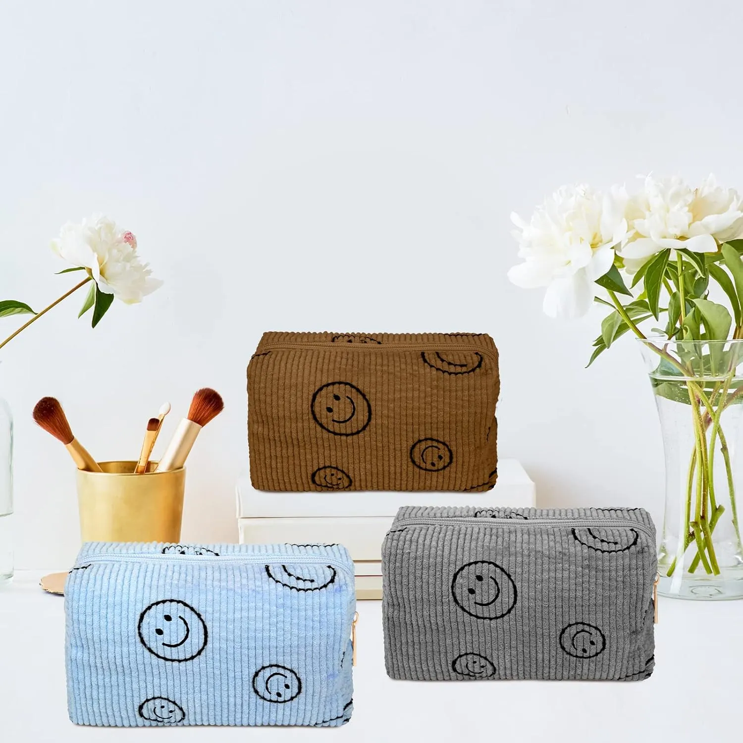 Photect 3 Pcs Corduroy Cosmetic Bag Smile Face Aesthetic Preppy Pouch Travel Makeup Bags for Christmas Women Holiday Organizer Gifts(Classic,Blue, Brown, Dark Gray)
