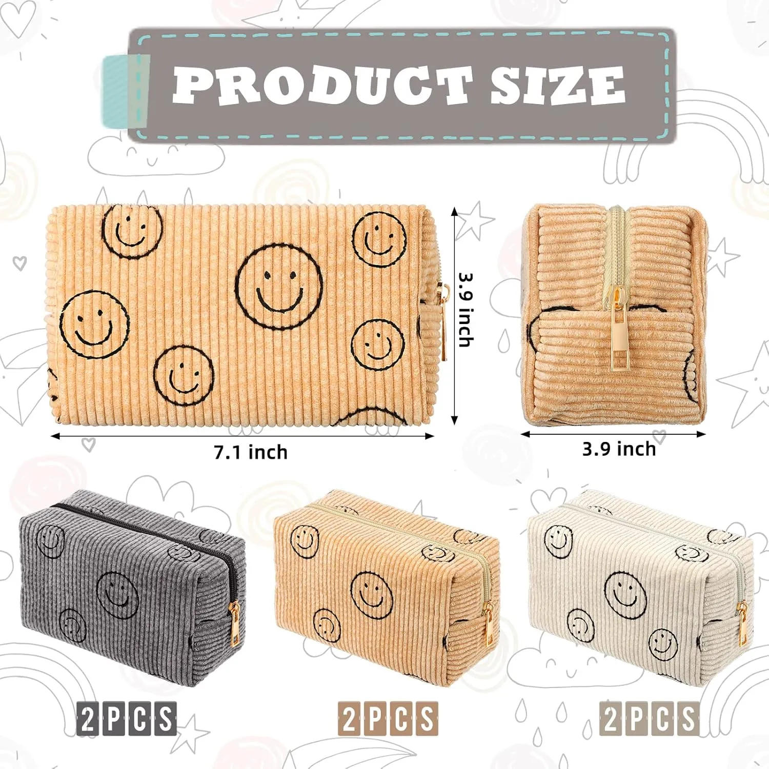 Photect 3 Pcs Corduroy Cosmetic Bag Smile Face Aesthetic Preppy Pouch Travel Makeup Bags for Christmas Women Holiday Organizer Gifts(Classic,White, Gray, Yellow)