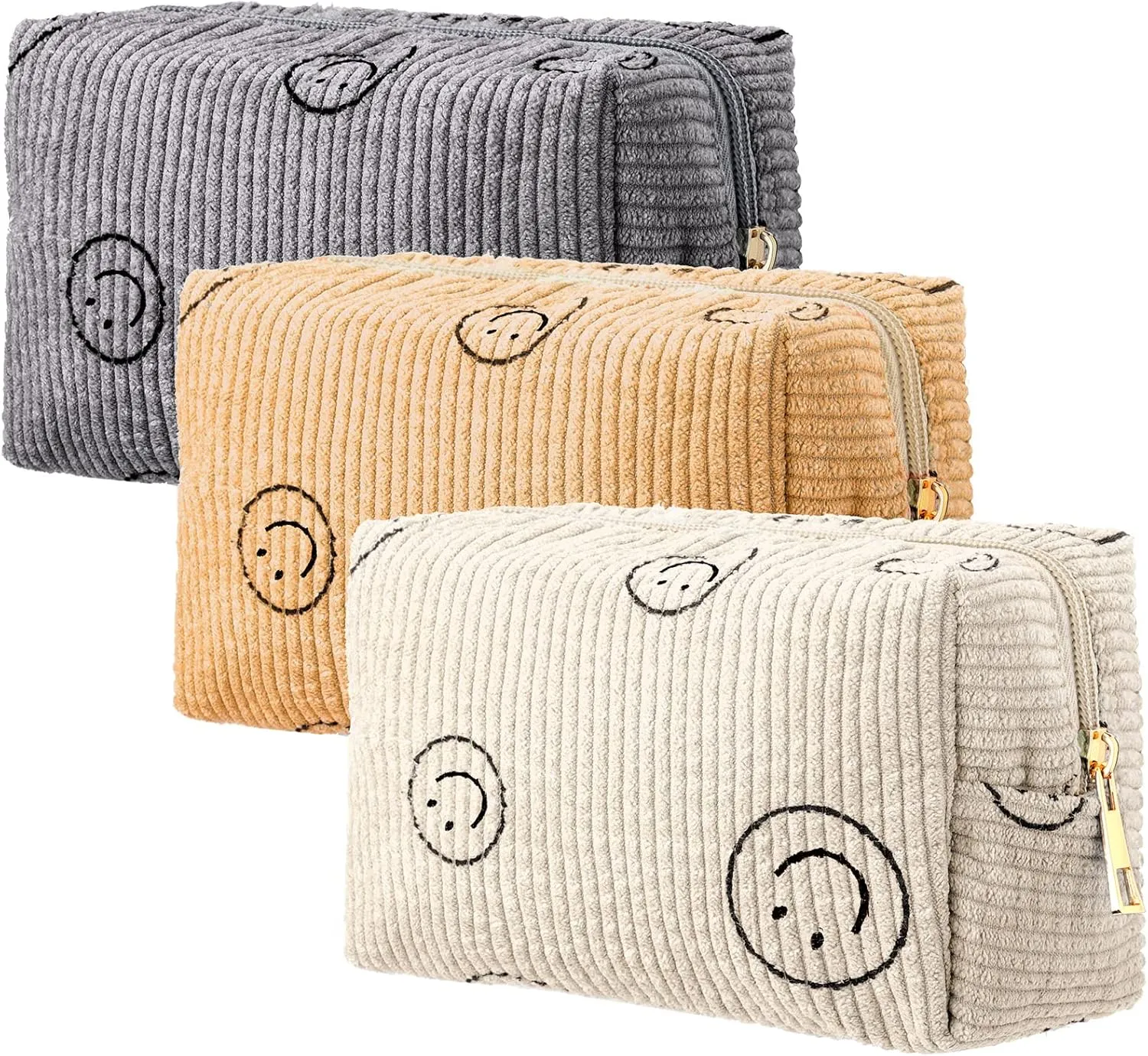 Photect 3 Pcs Corduroy Cosmetic Bag Smile Face Aesthetic Preppy Pouch Travel Makeup Bags for Christmas Women Holiday Organizer Gifts(Classic,White, Gray, Yellow)