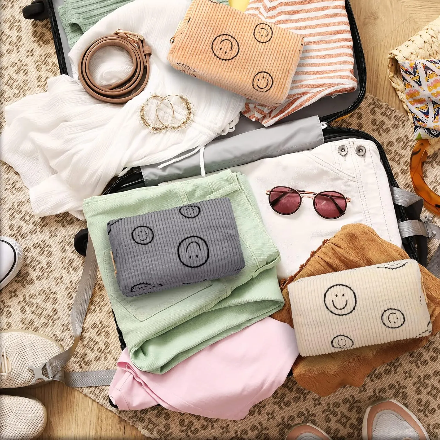 Photect 3 Pcs Corduroy Cosmetic Bag Smile Face Aesthetic Preppy Pouch Travel Makeup Bags for Christmas Women Holiday Organizer Gifts(Classic,White, Gray, Yellow)
