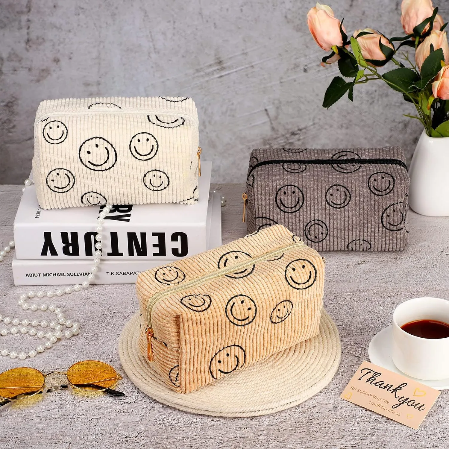 Photect 3 Pcs Corduroy Cosmetic Bag Smile Face Aesthetic Preppy Pouch Travel Makeup Bags for Christmas Women Holiday Organizer Gifts(Classic,White, Gray, Yellow)