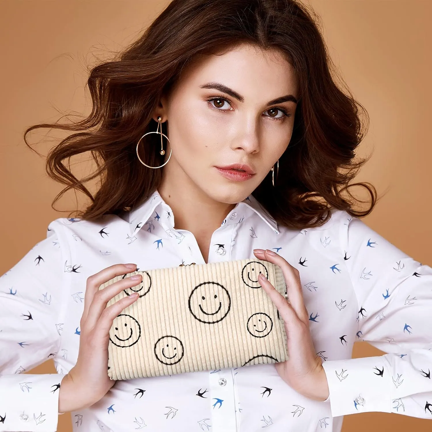 Photect 3 Pcs Corduroy Cosmetic Bag Smile Face Aesthetic Preppy Pouch Travel Makeup Bags for Christmas Women Holiday Organizer Gifts(Classic,White, Gray, Yellow)