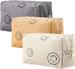 Photect 3 Pcs Corduroy Cosmetic Bag Smile Face Aesthetic Preppy Pouch Travel Makeup Bags for Christmas Women Holiday Organizer Gifts(Classic,White, Gray, Yellow)