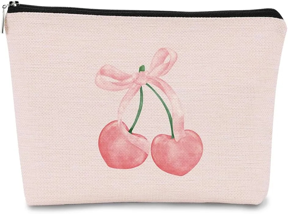 Pink Coquette Cherry Bow Aesthetic Makeup Cosmetic Bag, Cute Makeup Bag, Trendy Preppy Makeup Bag, Preppy Stuff, Preppy Gifts, Coquette Stuff, Pink Makeup Pouch