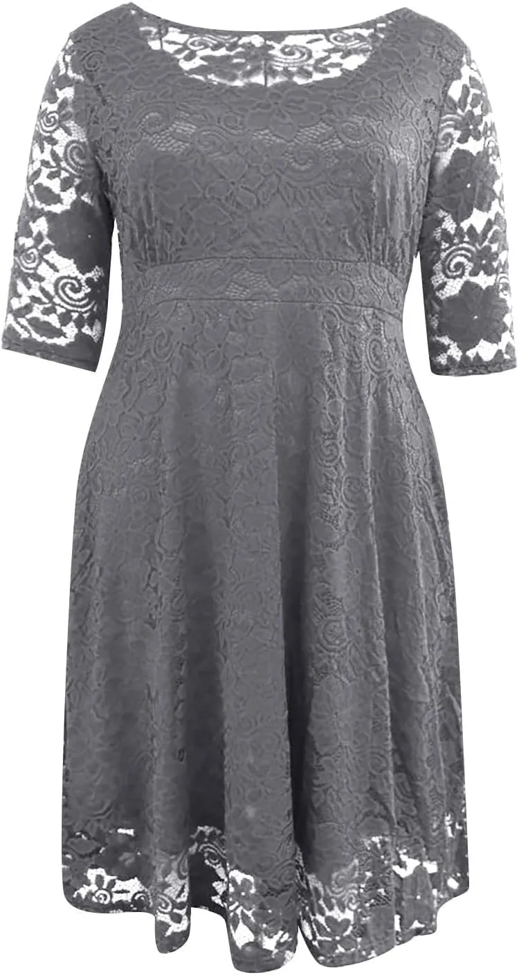 Plus Size Dresses for Curvy Women,2025 Elegant Lace Patchwork Cocktail Dress,Crewneck 3/4 Sleeve Midi Party Dress