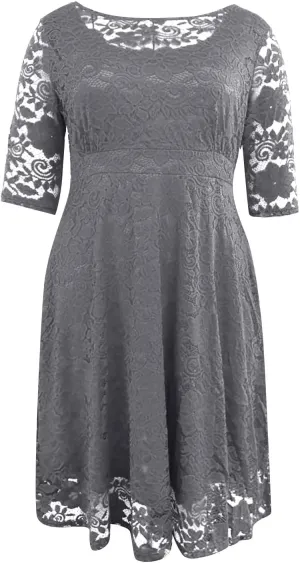 Plus Size Dresses for Curvy Women,2025 Elegant Lace Patchwork Cocktail Dress,Crewneck 3/4 Sleeve Midi Party Dress