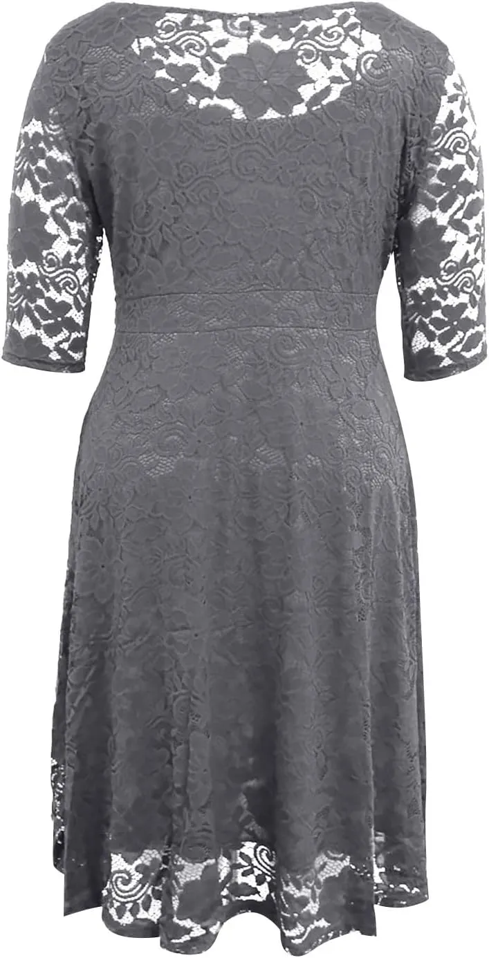Plus Size Dresses for Curvy Women,2025 Elegant Lace Patchwork Cocktail Dress,Crewneck 3/4 Sleeve Midi Party Dress