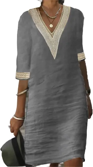 Plus Size Linen Dress for Women Casual V Neck Short Sleeve Summer Loose Lace Embroidered Midi T Shirt Dresses