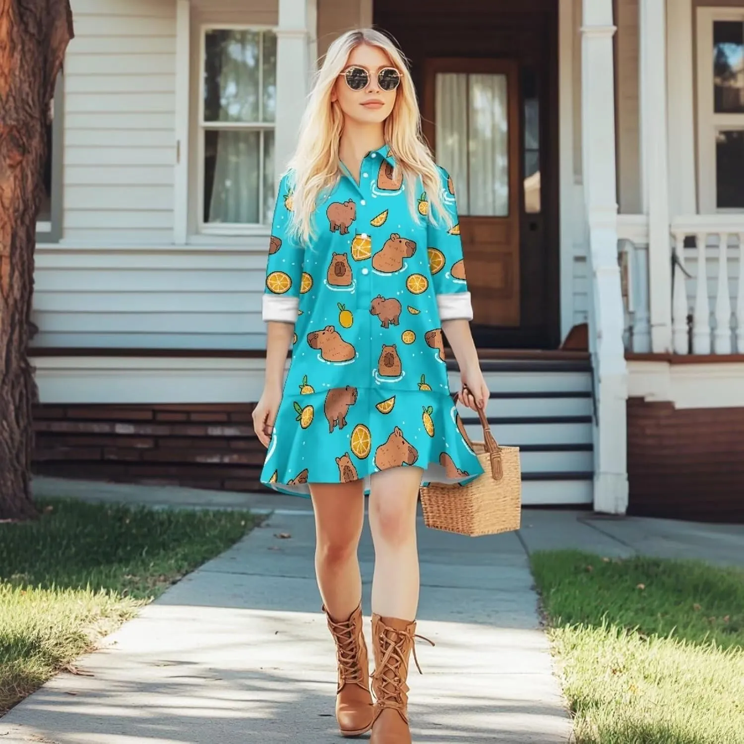 POLERO Shirt Dress for Women Long Sleeve Mini Dress Button Down Ruffle Hem Tunic Short Dresses