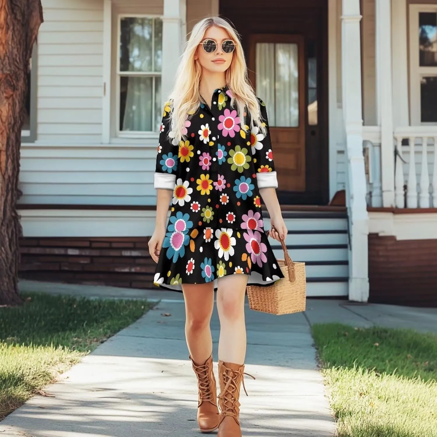 POLERO Shirt Dress for Women Long Sleeve Mini Dress Button Down Ruffle Hem Tunic Short Dresses