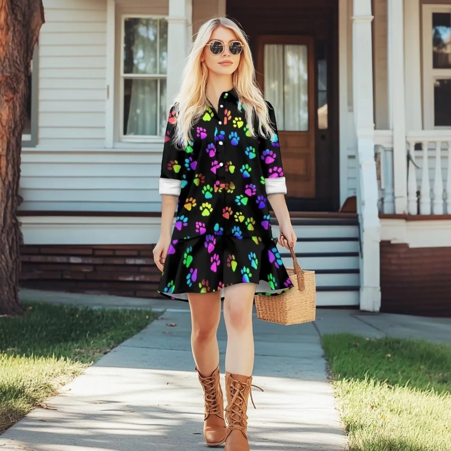 POLERO Shirt Dress for Women Long Sleeve Mini Dress Button Down Ruffle Hem Tunic Short Dresses