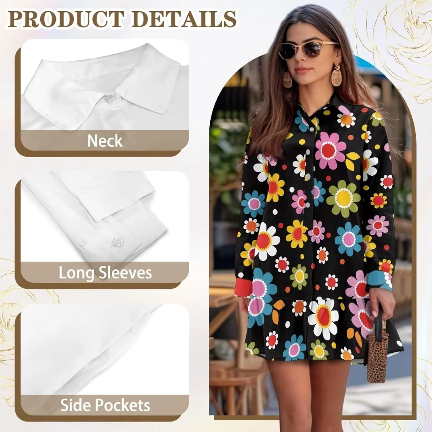 POLERO Shirt Dress for Women Long Sleeve Mini Dress Button Down Ruffle Hem Tunic Short Dresses
