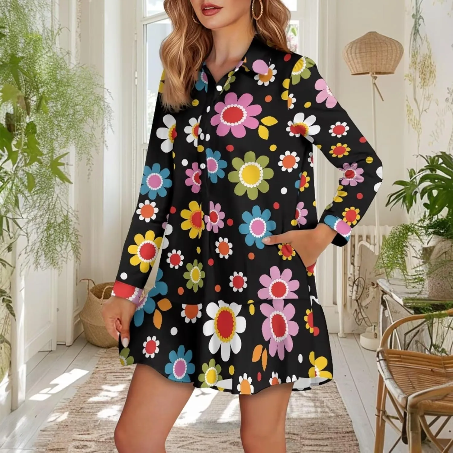POLERO Shirt Dress for Women Long Sleeve Mini Dress Button Down Ruffle Hem Tunic Short Dresses