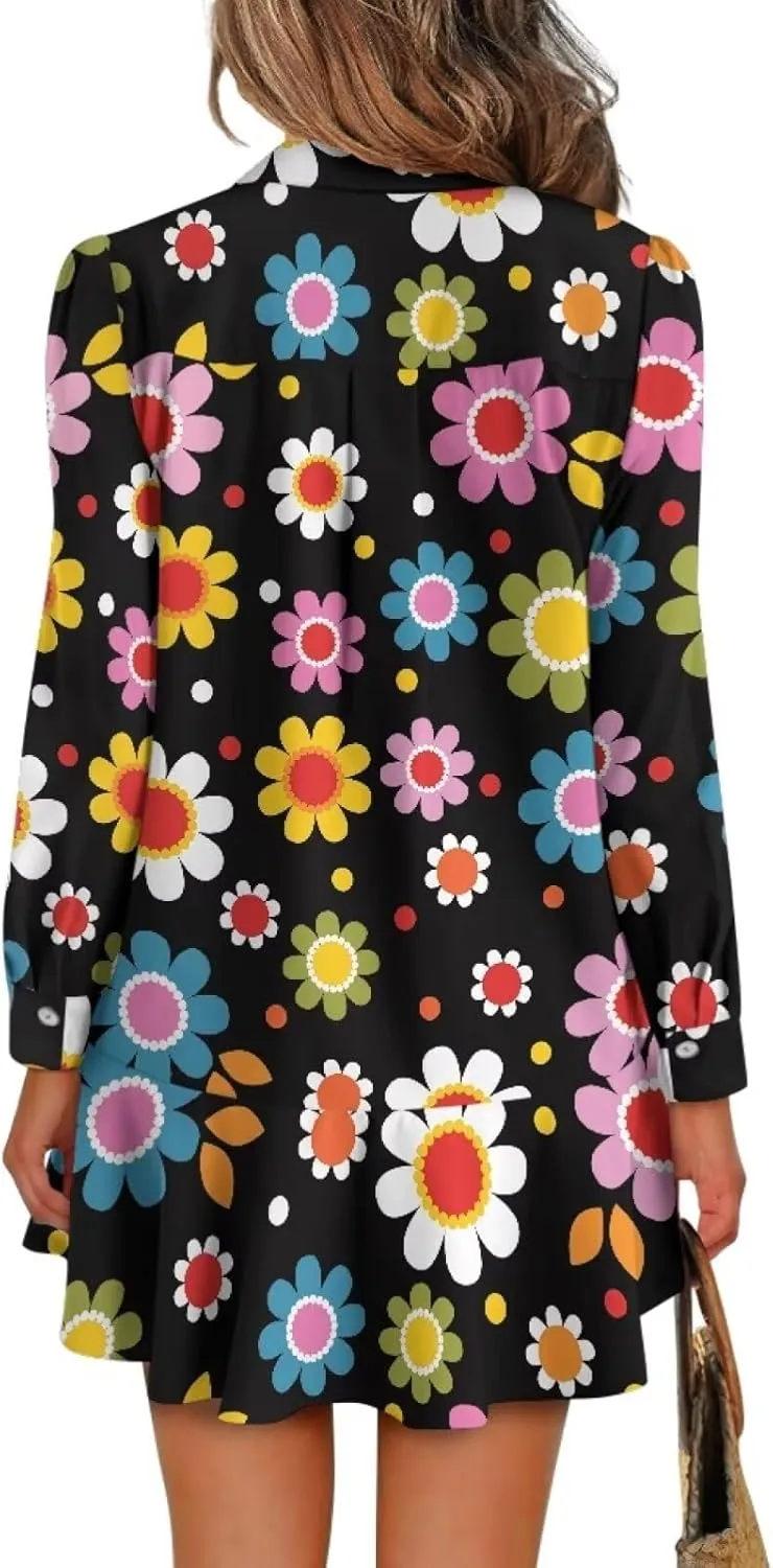POLERO Shirt Dress for Women Long Sleeve Mini Dress Button Down Ruffle Hem Tunic Short Dresses