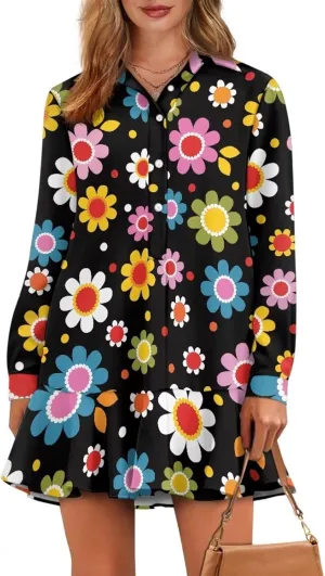POLERO Shirt Dress for Women Long Sleeve Mini Dress Button Down Ruffle Hem Tunic Short Dresses