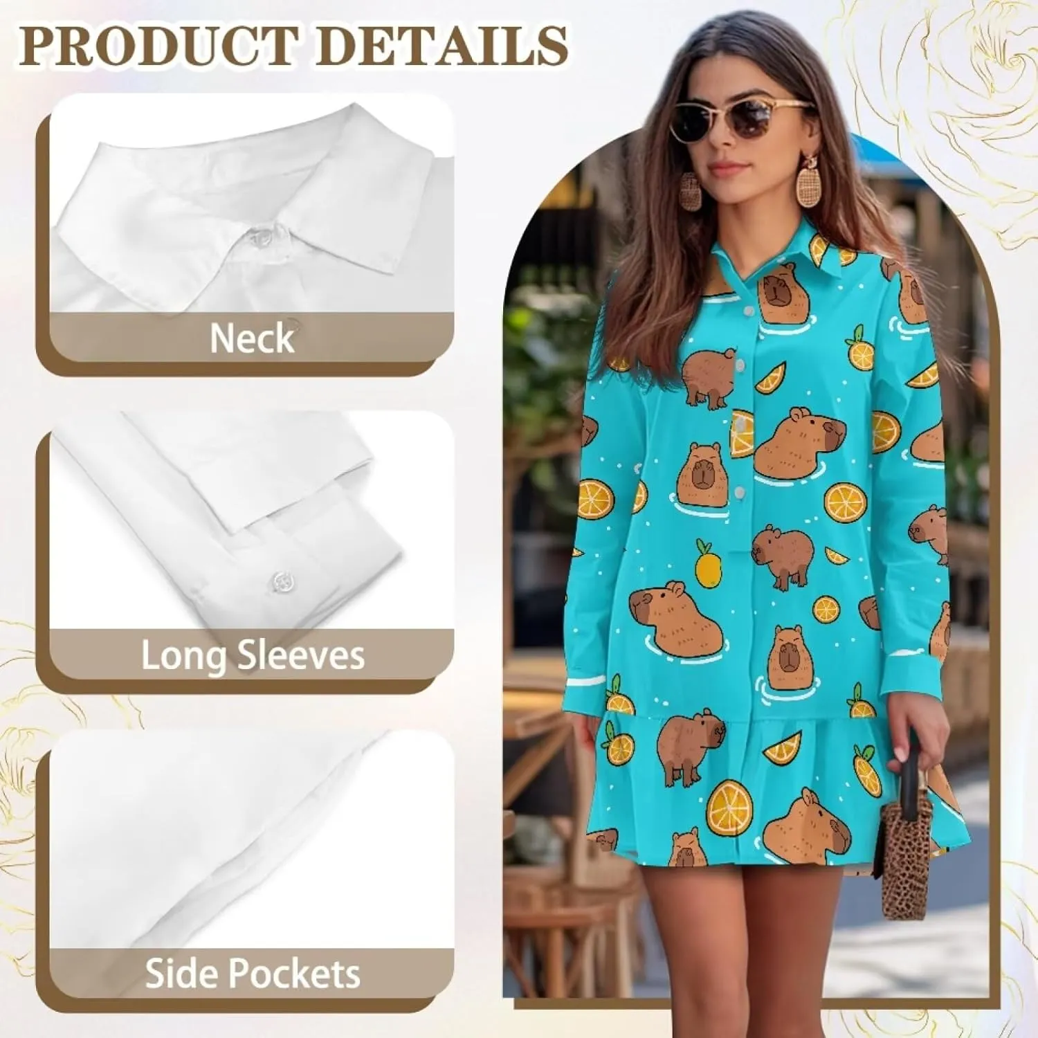 POLERO Shirt Dress for Women Long Sleeve Mini Dress Button Down Ruffle Hem Tunic Short Dresses