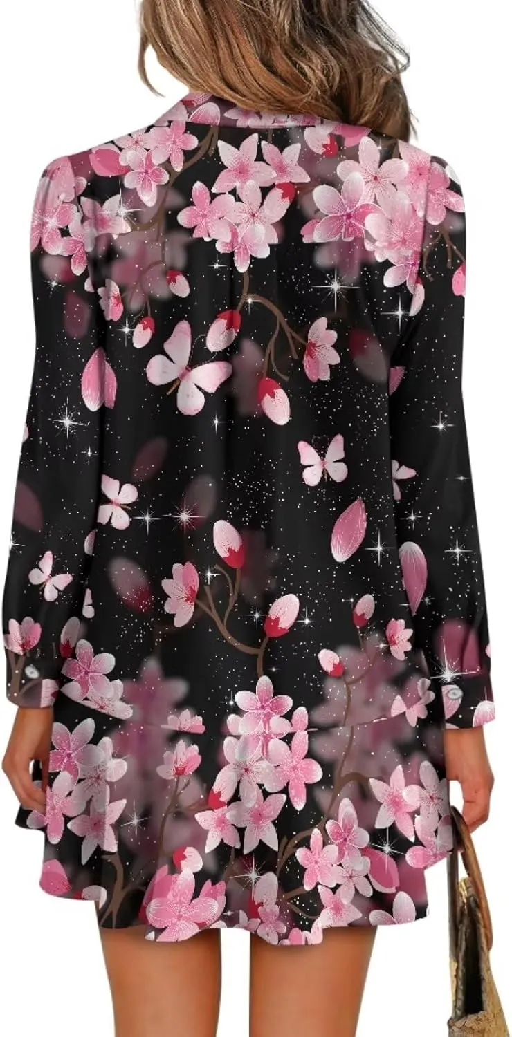 POLERO Womens Floral Mini Shirt Dress V Neck Ruffle Hem Mini Dresses with Pockets Short Dress