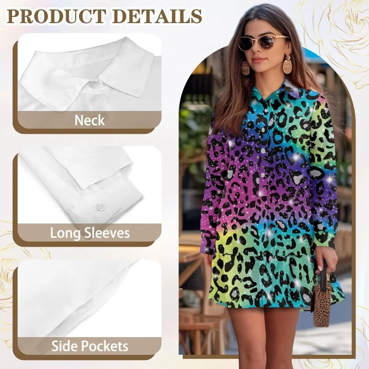 POLERO Womens Floral Mini Shirt Dress V Neck Ruffle Hem Mini Dresses with Pockets Short Dress