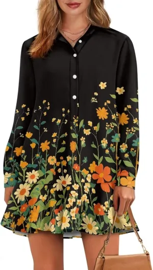 POLERO Womens Floral Mini Shirt Dress V Neck Ruffle Hem Mini Dresses with Pockets Short Dress