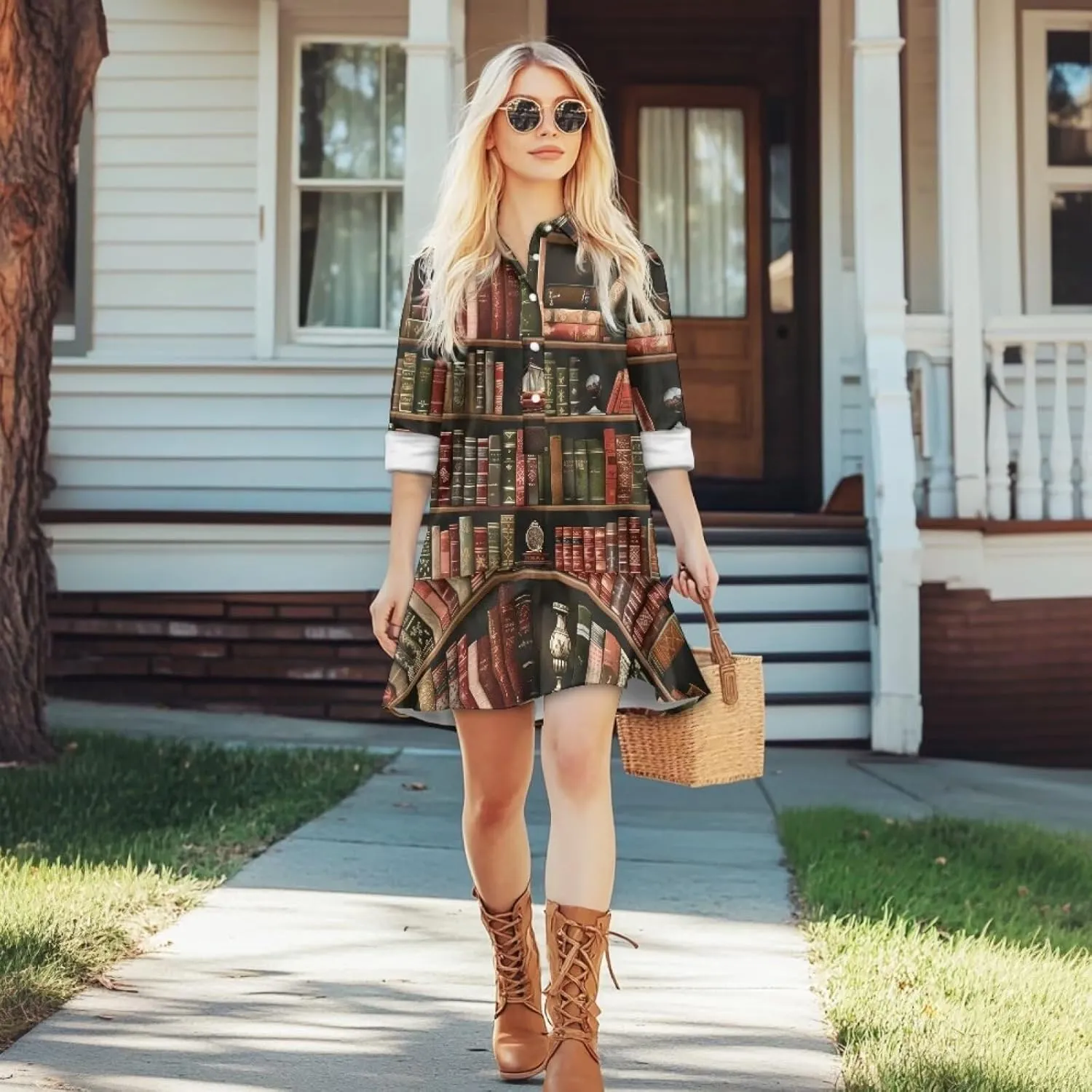 POLERO Womens Floral Mini Shirt Dress V Neck Ruffle Hem Mini Dresses with Pockets Short Dress
