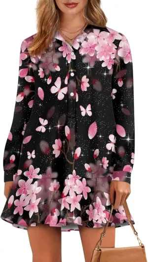 POLERO Womens Floral Mini Shirt Dress V Neck Ruffle Hem Mini Dresses with Pockets Short Dress