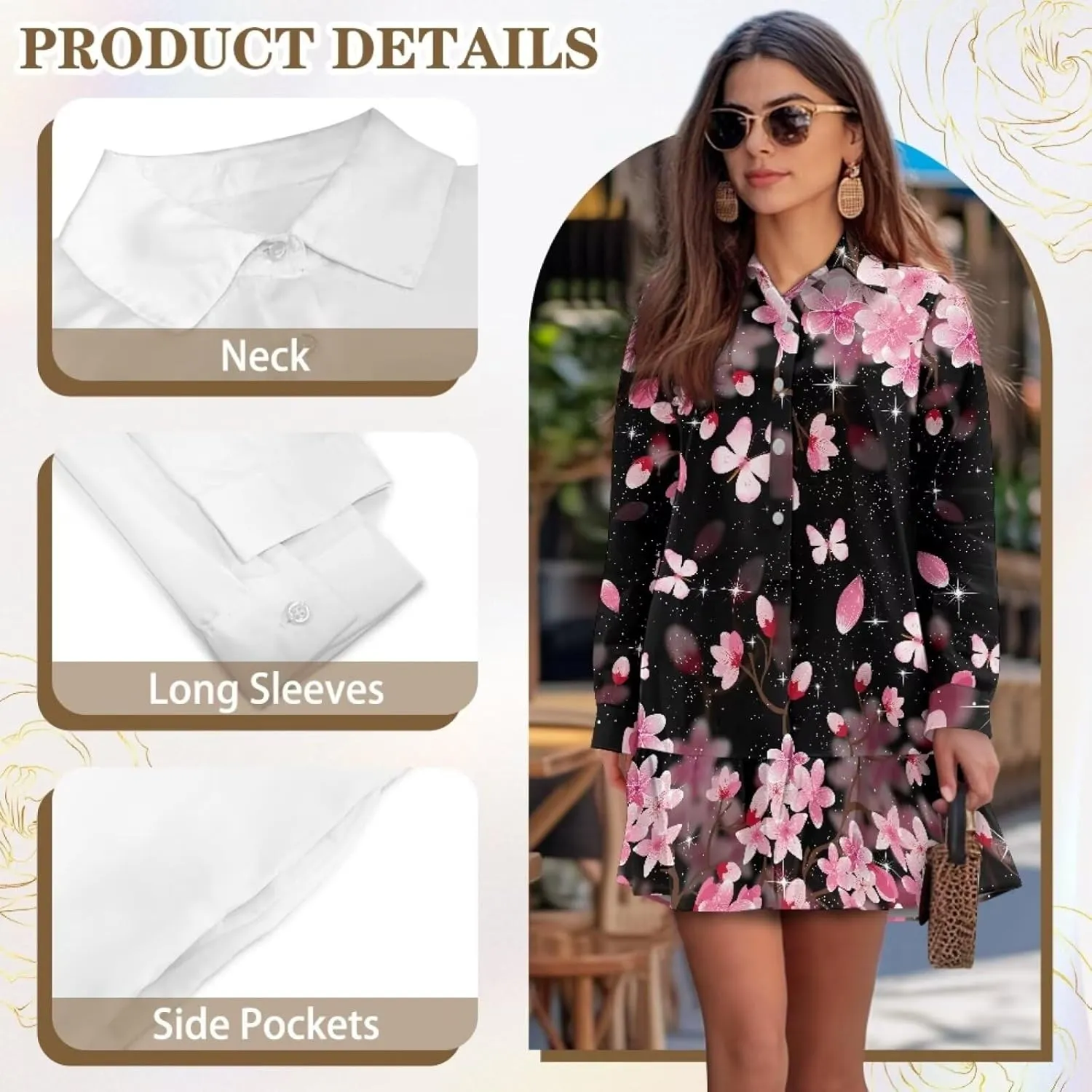 POLERO Womens Floral Mini Shirt Dress V Neck Ruffle Hem Mini Dresses with Pockets Short Dress