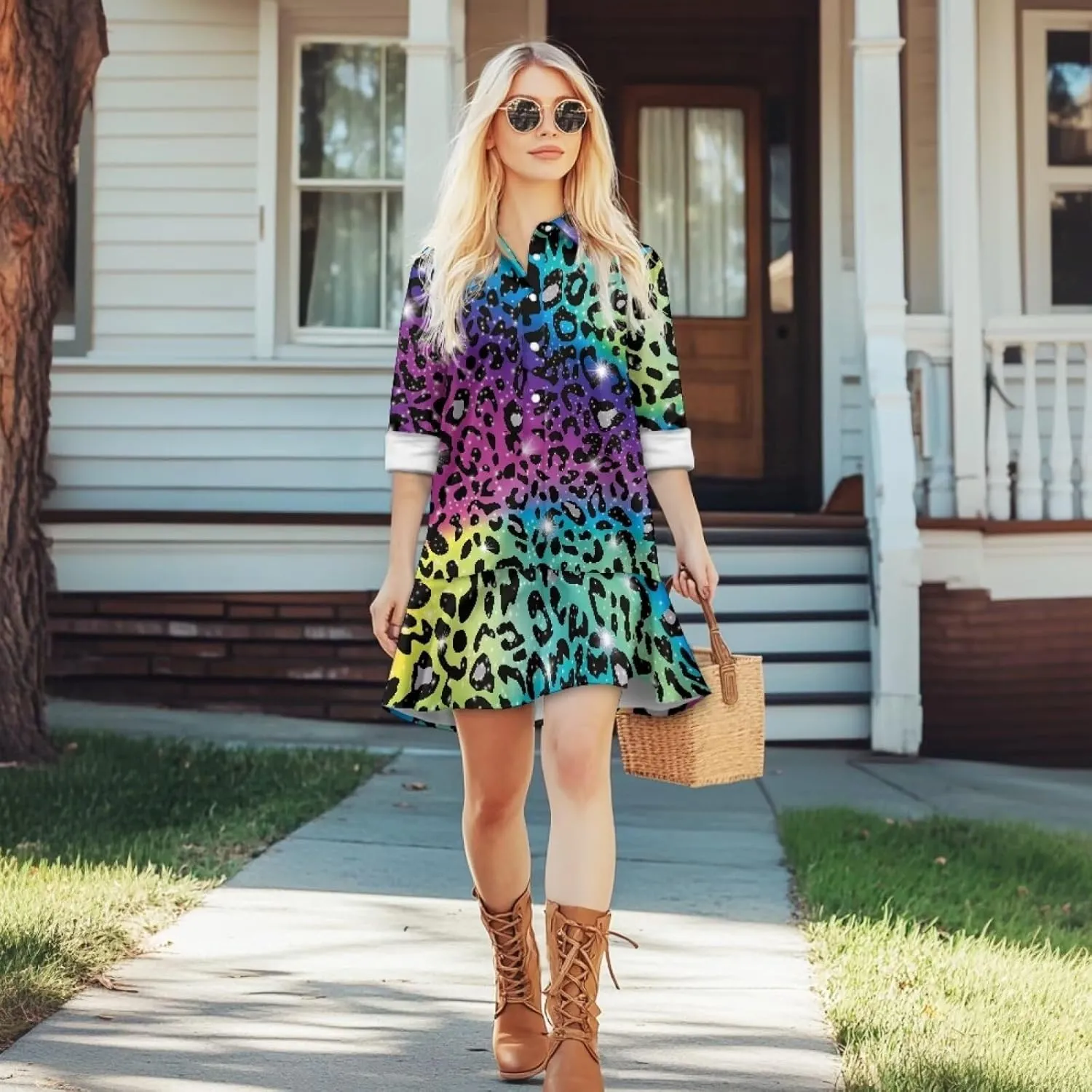 POLERO Womens Floral Mini Shirt Dress V Neck Ruffle Hem Mini Dresses with Pockets Short Dress