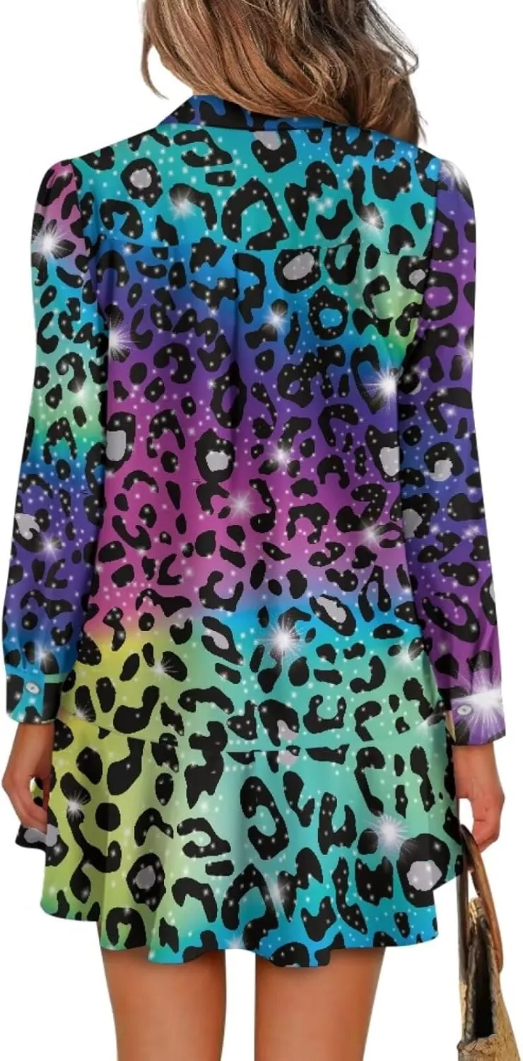 POLERO Womens Floral Mini Shirt Dress V Neck Ruffle Hem Mini Dresses with Pockets Short Dress